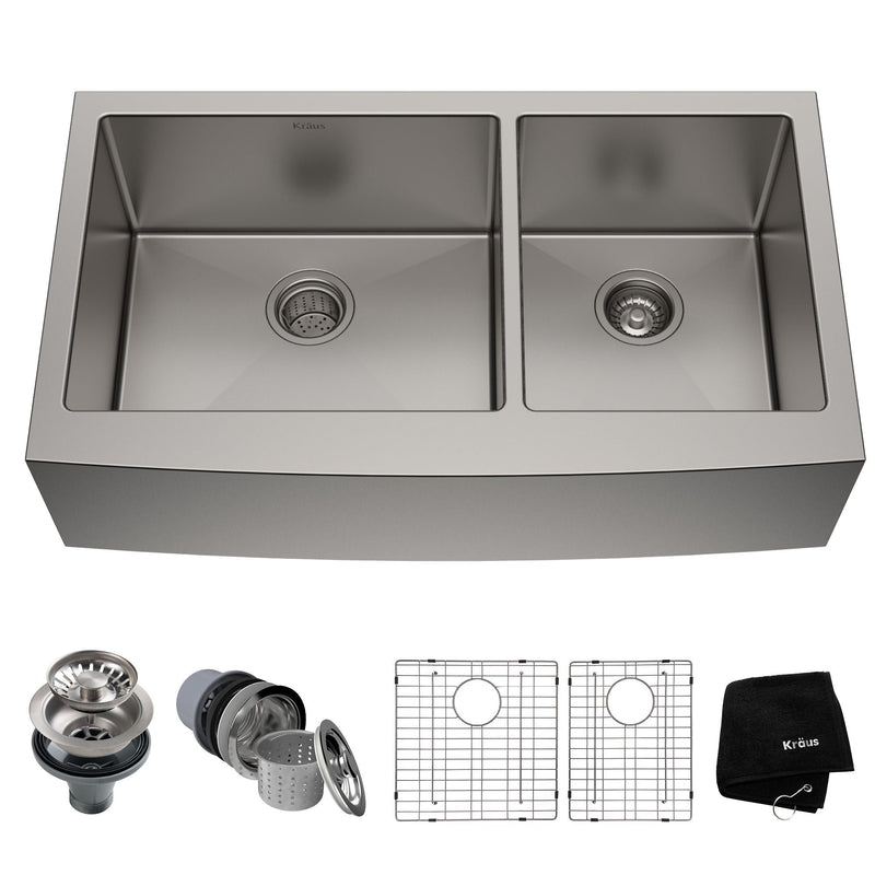 Standard PRO Apron Front Farmhouse Stainless Steel Double Bowl Kitchen Sink, 36x21x10-in I2669