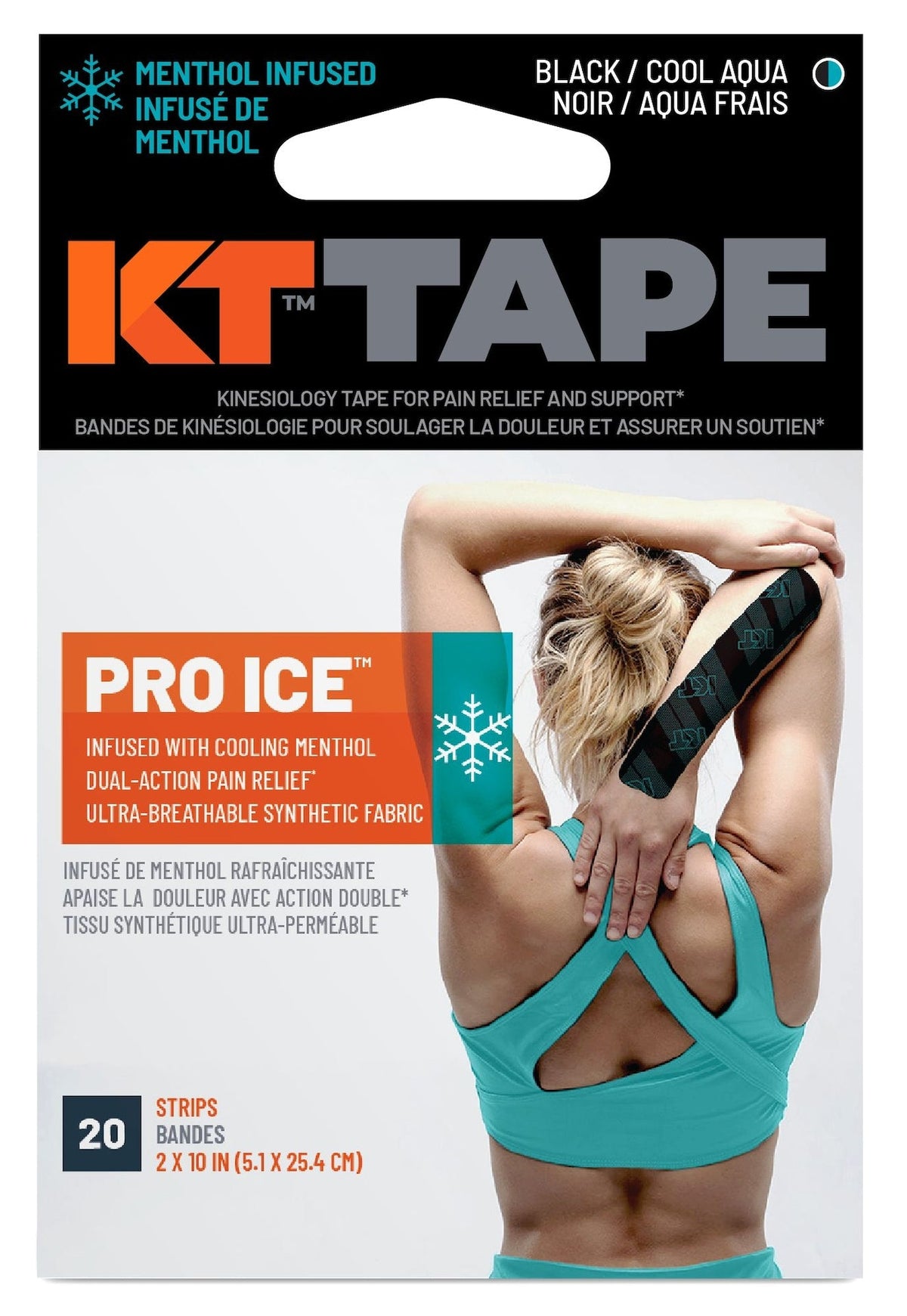 Pro Ice Pre-Cut Elastic Kinesiology Sports Tape with Menthol, Black, 10 x 2-in Strips, 20-pk