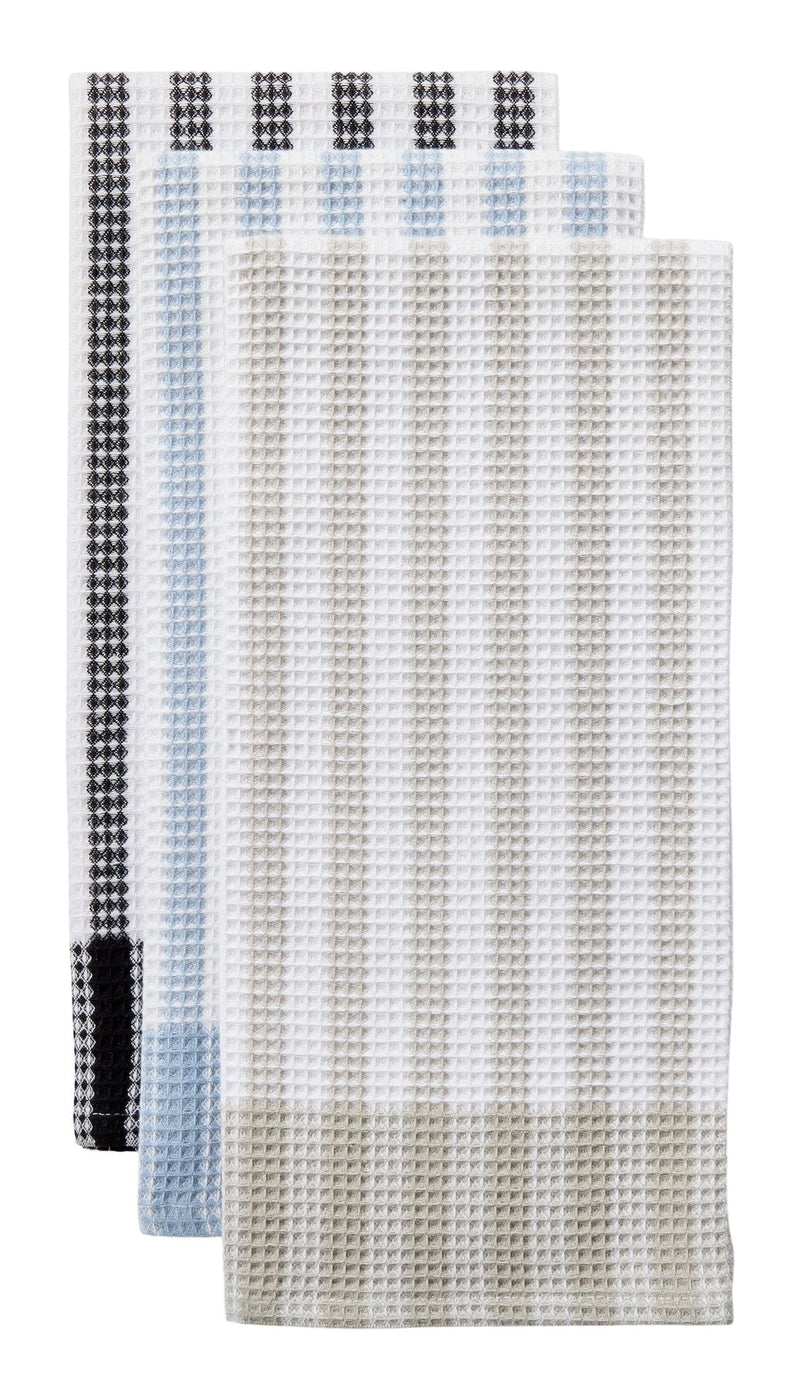 Waffle Checkered Cotton Kitchen Towels, Black/Grey/Blue, 20-in x 30-in, 6-pk E7764