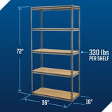 Adjustable 5-Shelf Steel Metal & Wood Storage Rack / Shelving Unit, 36 x 16 x 72-in
