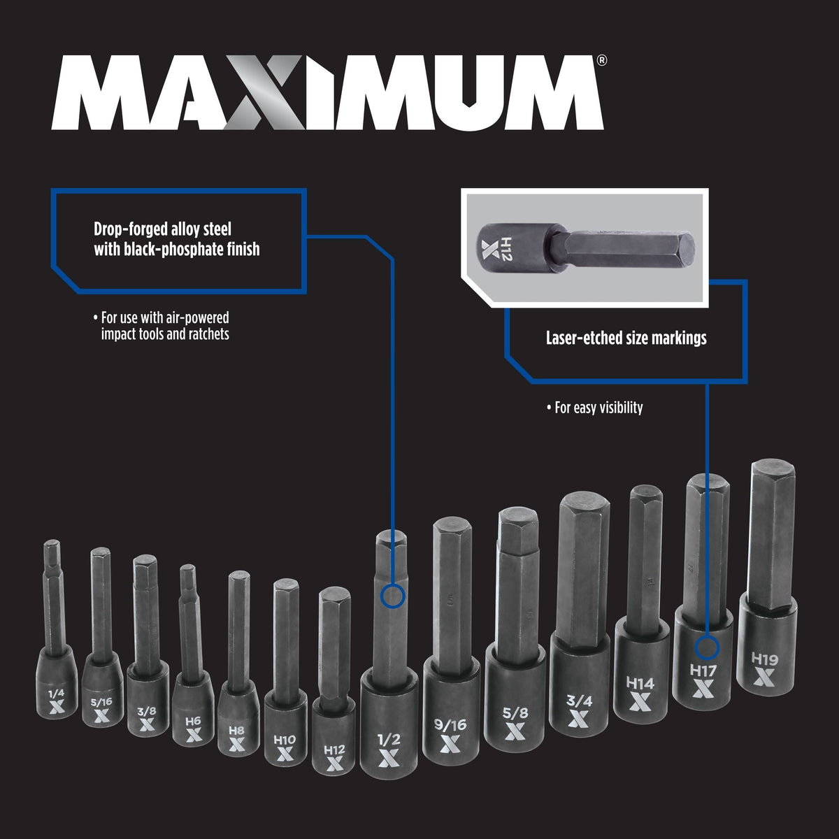 MAXIMUM Hex Impact Socket & Bit Socket Set, 14-pc, SAE/Metric