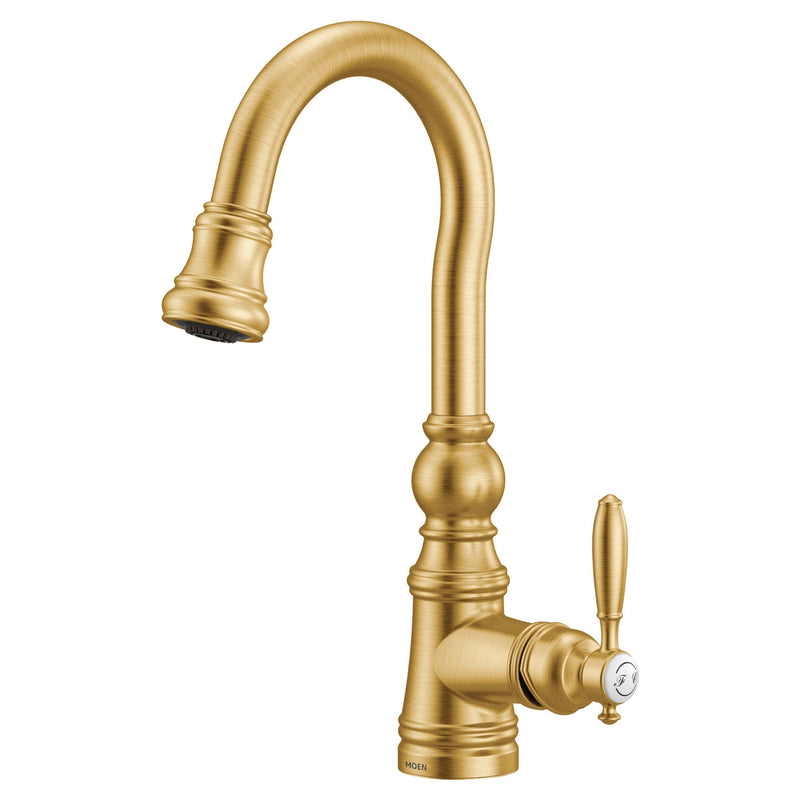 Weymouth Single Handle High Arc Pull Down Sprayer Kitchen Faucet with Power Clean, Brushed Gold R5117