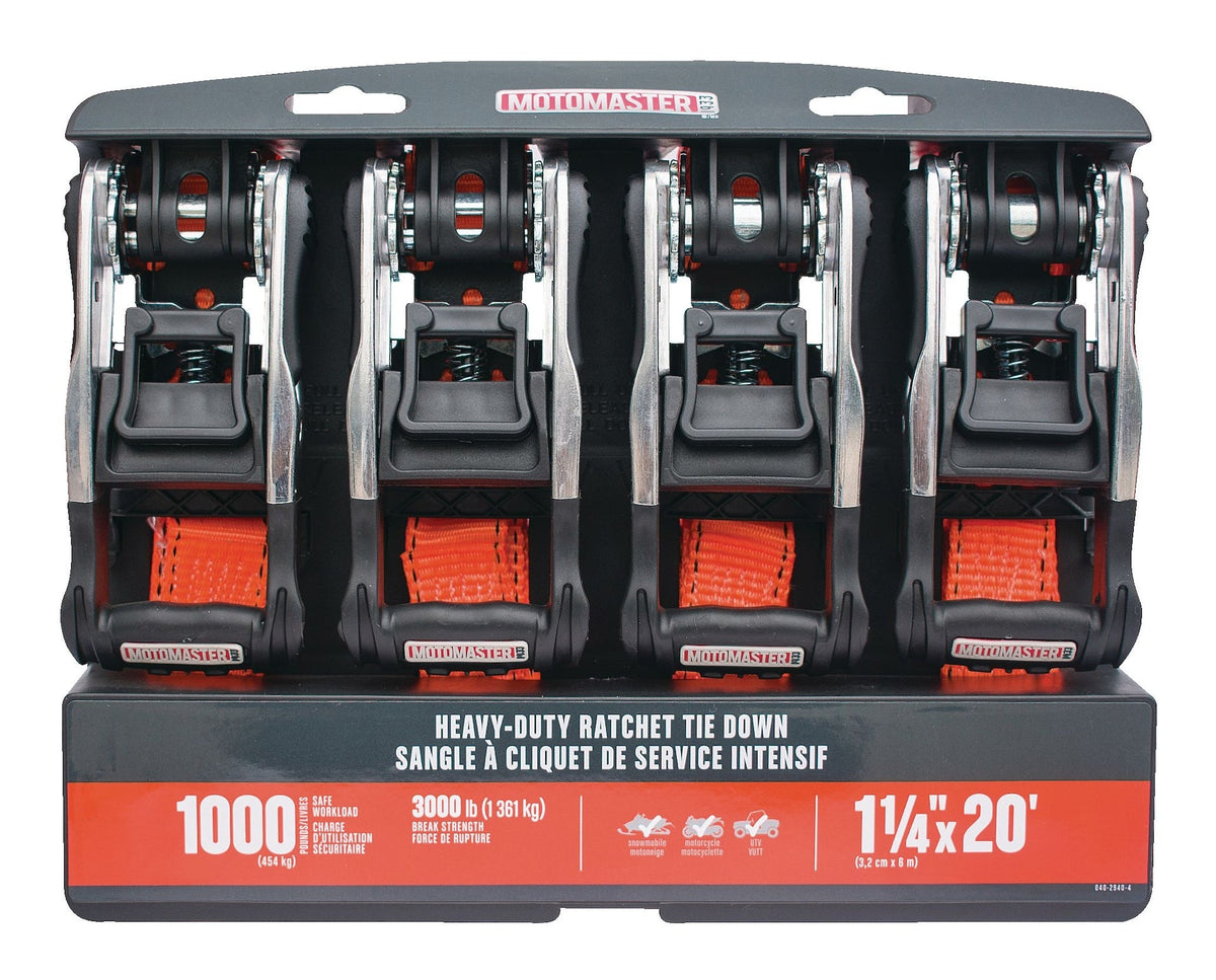 3,000-lb Heavy Duty Ratchet Tie Down Straps, Extra Long, 1.25-in x 20-ft, 4-pk