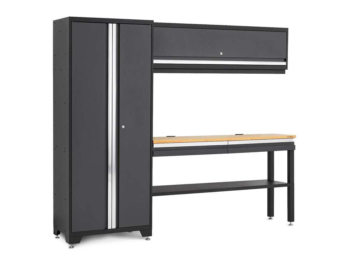 Bold 3.0 Series All-in-One Lockable Steel Garage Cabinetry Set with Bamboo Top, Grey, 90-in x 18-in x 72-in, 4-pc