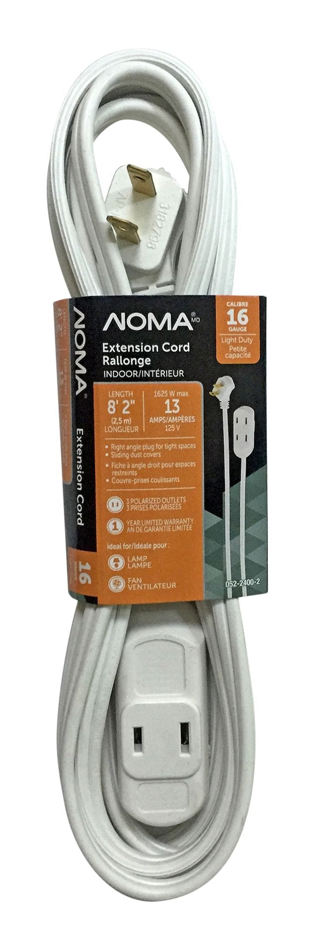8-ft 2-in 16/2 Extension Cord, Flat plug, 3 Outlets, White M5848