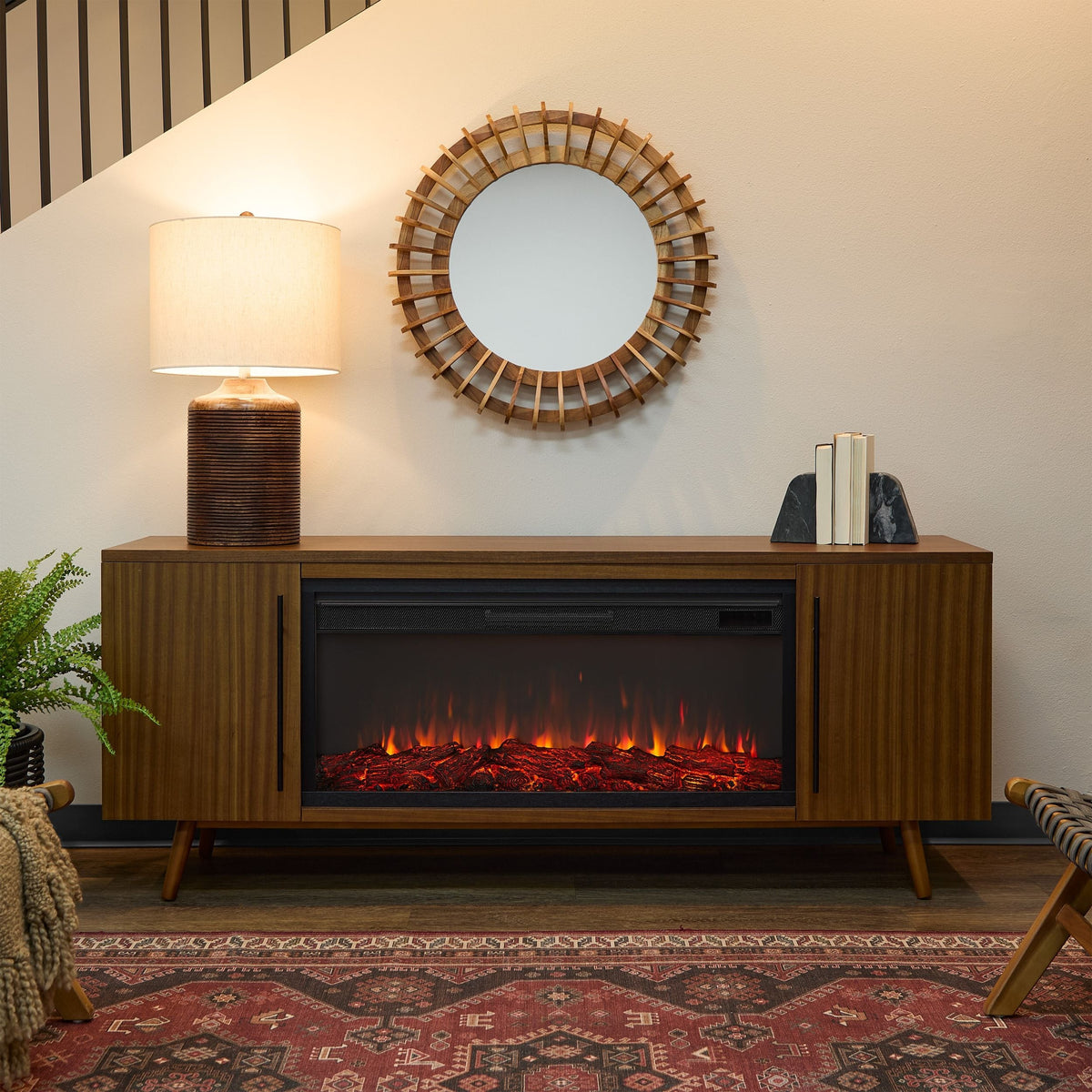 Morris Media Indoor Electric Fireplace TV Stand, 72-in, 1500W, Includes Remote Control & Firebox, Vintage Black Maple