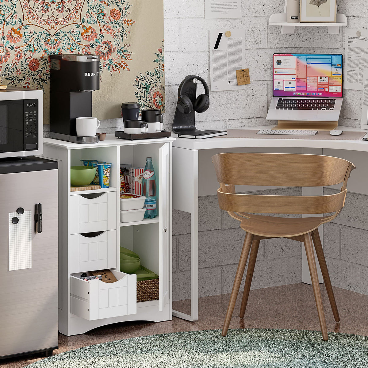 Home Ashland Single Door Bathroom & Laundry Storage Cabinet with 3 Drawers, Open Cubby & Adjustable Shelf, White