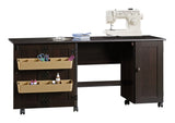 Folding Sewing & Craft Table/Storage Cart with Locking Wheels, Cinnamon Cherry Finish
