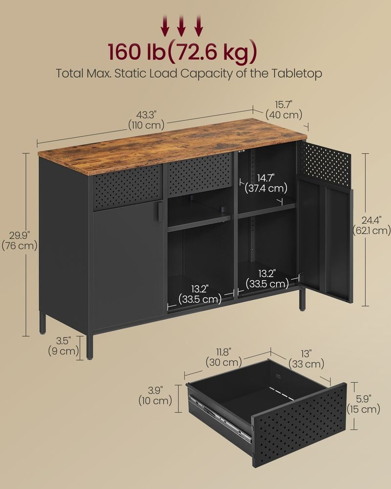 Home Rustic Brown/Black Metal Buffet Cabinet