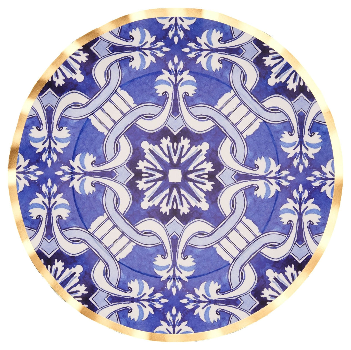 Moroccan Nights Round Bordered Trimmed Paper Disposable Dinner Plates, Blue/Gold, Tile, 10-in, 8-pk, for Mother's Day/Easter