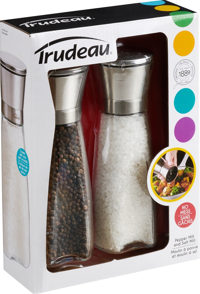 Stainless Steel/Glass Salt & Pepper Grinder Mill Set, Pre-Filled, 8-in, 2-pc