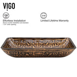 Glass Rectangular Vessel Bathroom Sink/Basin with Rounded Edges & Deep Bowl, Gold
