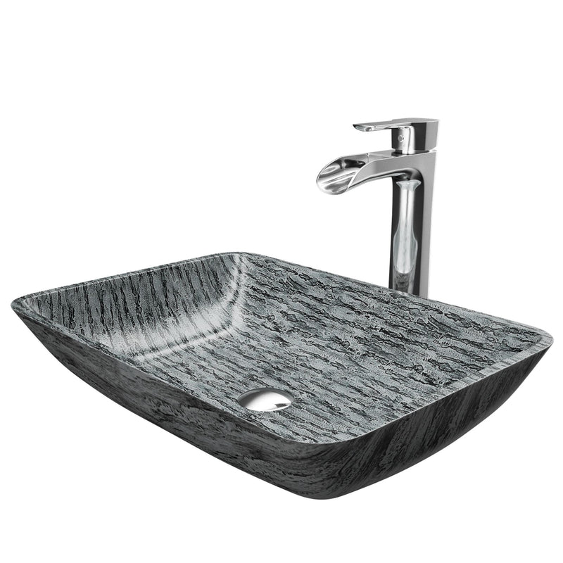 Titanium Glass Slate Grey Bathroom Sink/Basin Set with Niko Faucet and Rectangular Vessel R980